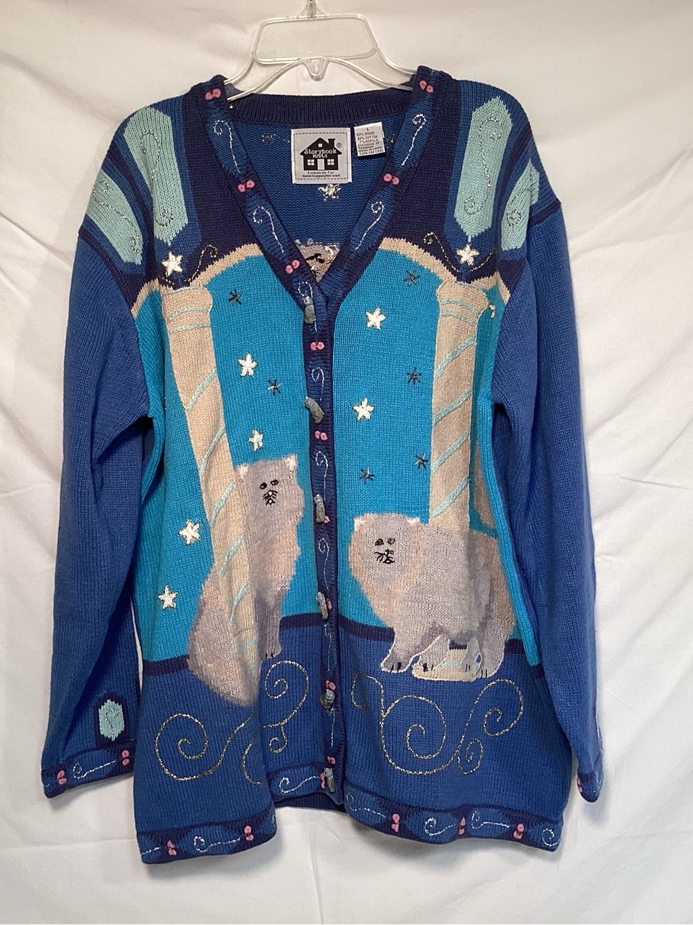 Storybook Knits Blue Persian Cat Embroidered & Beaded Cardigan Sweater Women’s L
